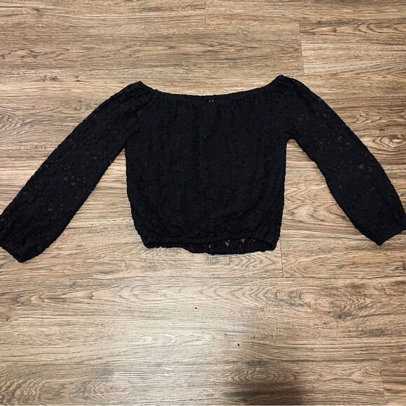 Elan Long Lace Sleeve Blouse Black Sheer Sleeves and Back Elastic Waist Large - Picture 6 of 9